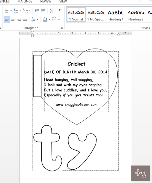 Using Microsoft Word to create a Beanie Baby tag for my dog's Hallowe'en costume.